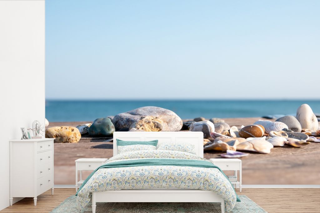 MuchoWow Fototapete für Wohnzimmer oder Schlafzimmer Wandtapete Vinyl Motivtapete Muscheln - Strand - Meer - Sommer - Sonne - 600x400 cm - Vinyl...