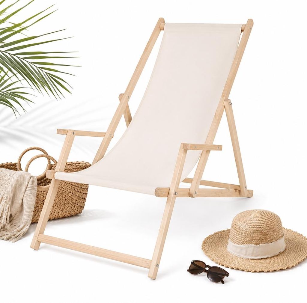 Mucola Strandstuhl mit Armlehnen Strandliege Holz Produktbild 