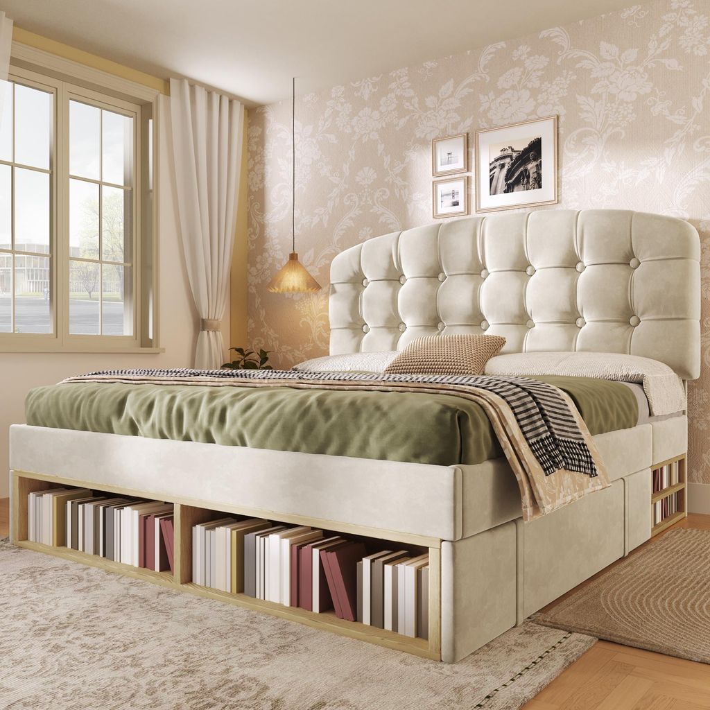 MODFU Jugendbett Polsterbett 140x190 mit Schubladen und Offener Stauraum Einzelbett Funktionsbett mit gebogenem höhenverstellbarem Kopfteil Schlaf...