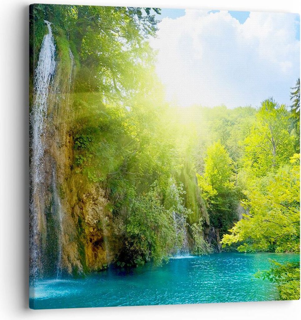Bild auf Leinwand - Leinwandbild - Wasserfall Forrest Himmel - 40x40cm - Wand Bild - Wanddeko - Leinwanddruck - Bilder - Kunstdruck - Wanddekoratio...