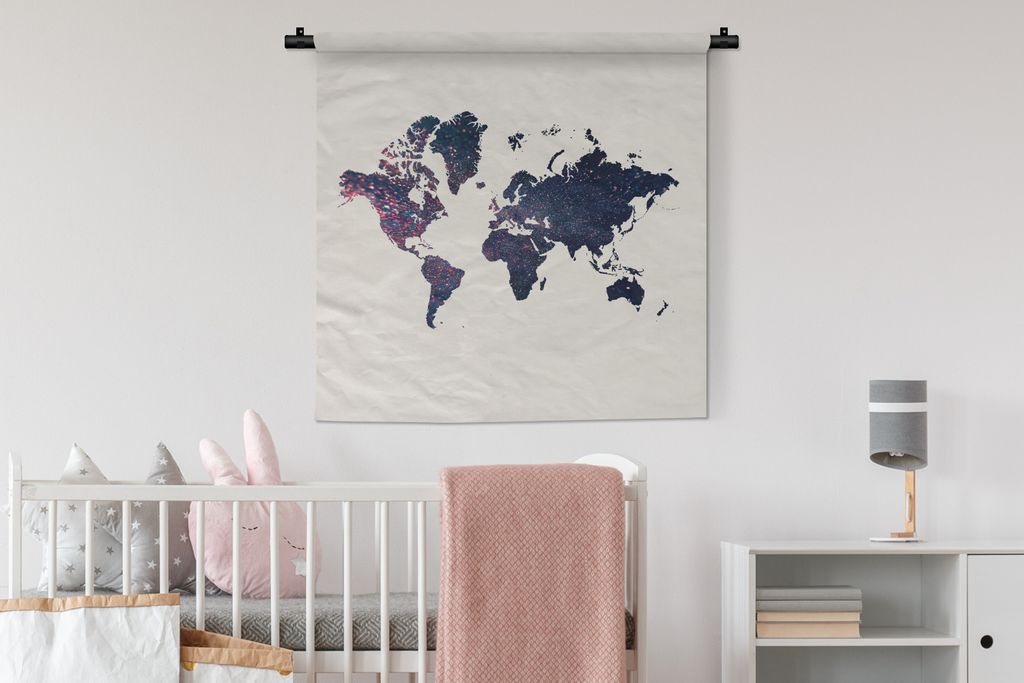 MuchoWow Wandteppich Wandbehang Weltkarte - Rosa - Glitter 90x90 cm Tapisserie Dekoration Wandtuch - Wandaufhänger