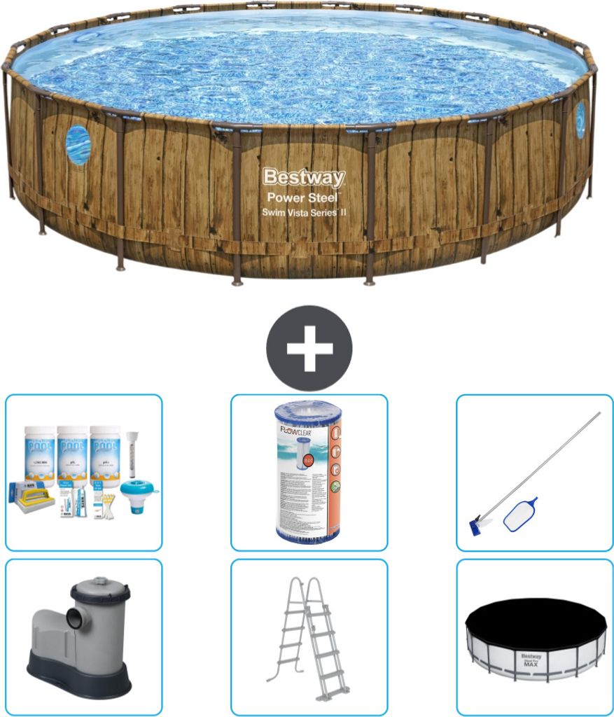 Bestway Round Power Steel Swim Vista Schwimmbad – Holzdruck – 549 x 122 – inklusive Pumpe – Leiter – Abdeckung Wartungspaket - Filter - R...