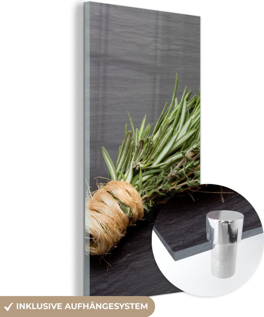 MuchoWow Glasbilder - Bilder auf Wandbild - Foto auf Glas Thymian - Kräuter - Grün - Tisch - Küche - Stein 40x80 cm Wanddekoration aus Glas - Ac...