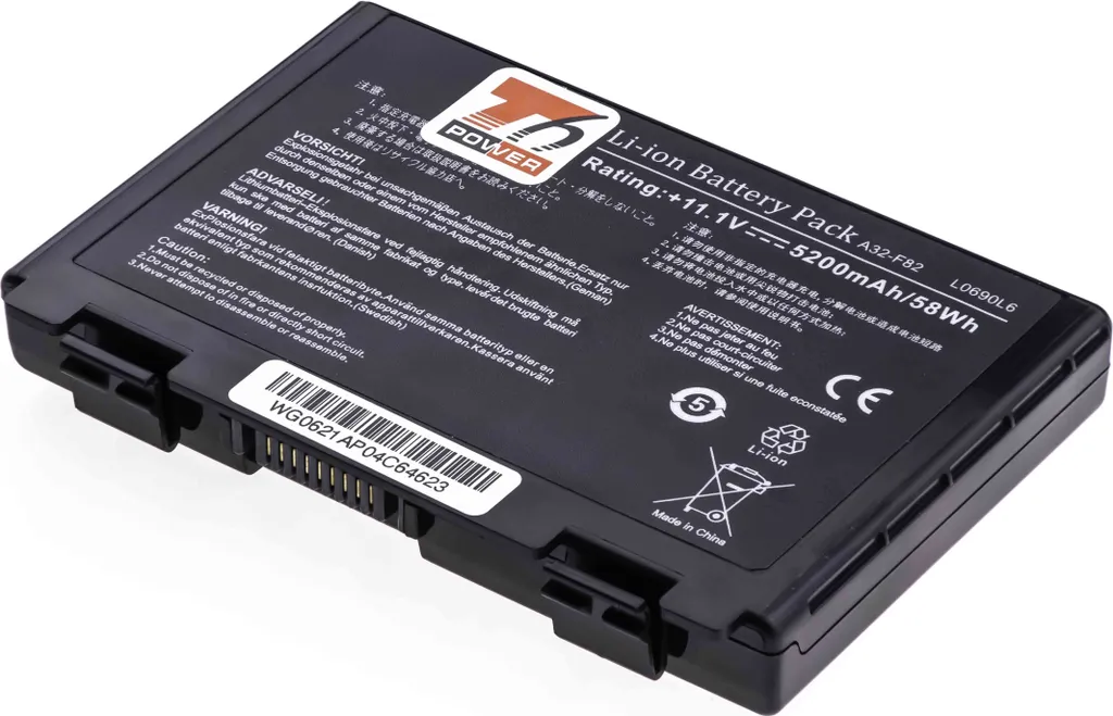 Batteria T6 Power per laptop Asus, numero di parte L0690L6, Li-Ion, 11,1 V, 5200 mAh (58 Wh), nero