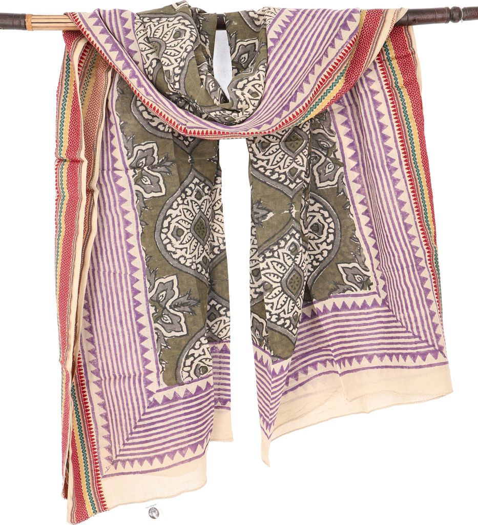 Leichter Pareo Schal, Sarong, Handbedrucktes Baumwolltuch, Lungi mit Webbordüre - Olive/pink, Uni, Grün, Baumwolle, 190*120 cm, Sarongs & Tücher