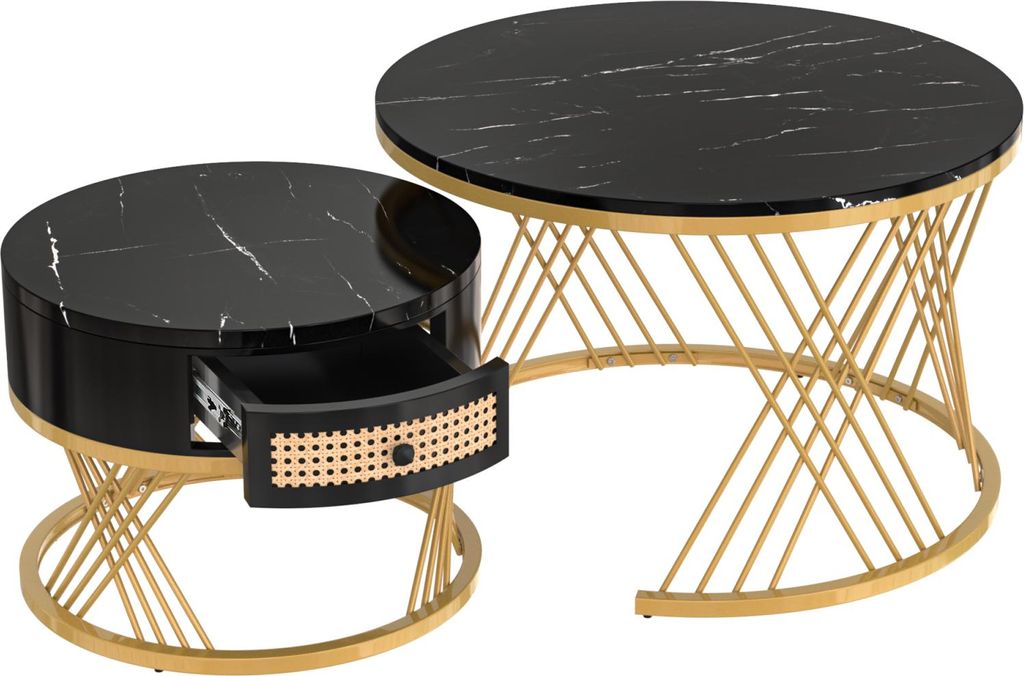 Fortuna Lai 2er-Set runder Couchtische, Beistelltisch mit Marmorplatte und Rattanschubladen, Schwarz