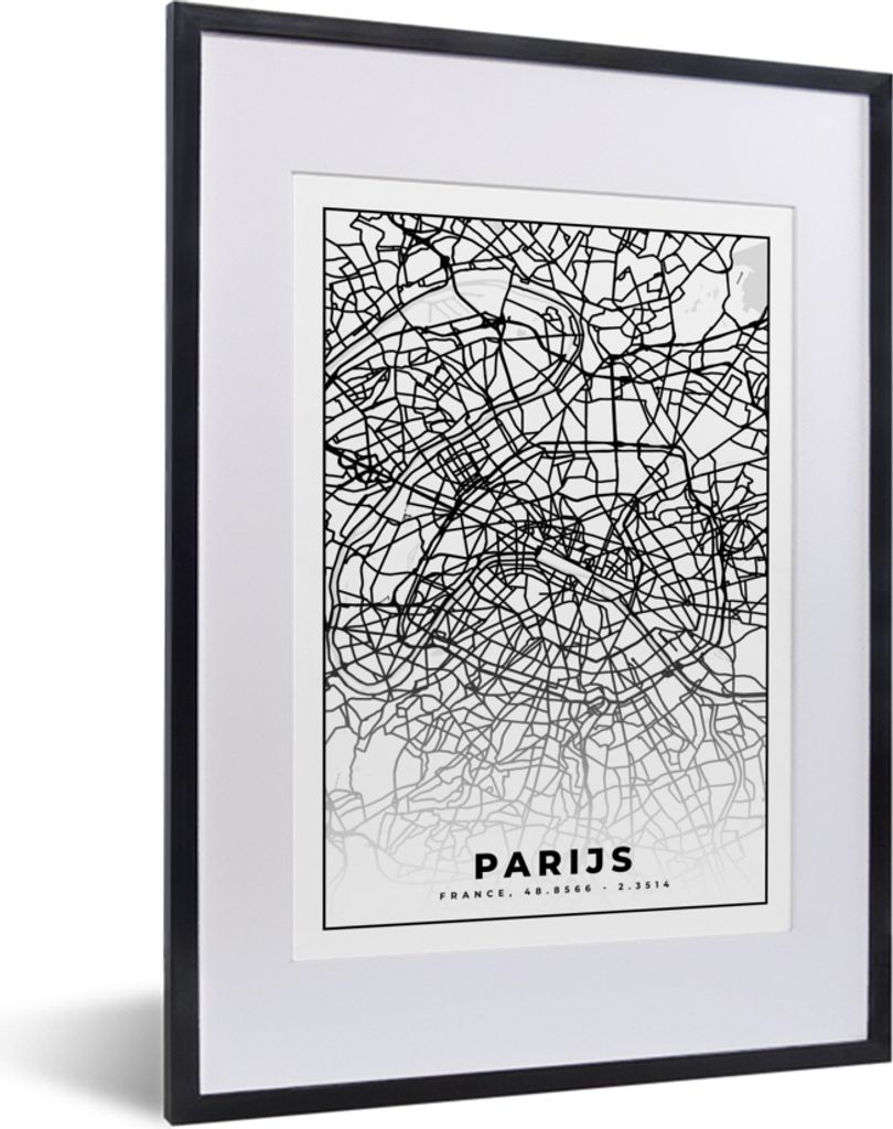 MuchoWow Gerahmtes Poster Paris - Stadtplan - Schwarz und weiß - Karte 30x40 cm - Poster mit Schwarzem Bilderrahmen Wandposter Rahmen Foto Bilde...