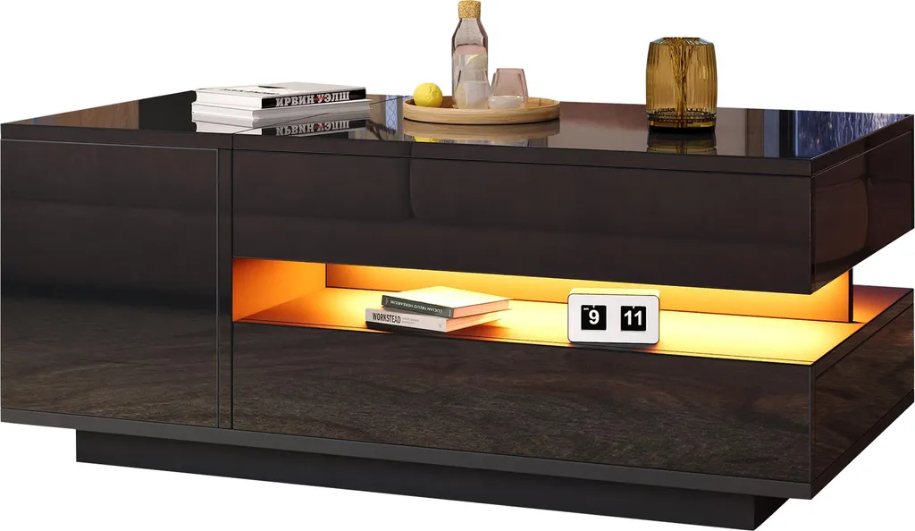 Table Basse Haute Brillance Relevable avec LED et Coffre de Rangement - 16