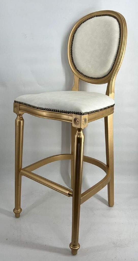 Casa Padrino Barock Barstuhl Hellgrau / Gold - Handgefertigter Massivholz Barhocker mit edlem Samtstoff - Barock Bar Möbel - Edel & Prunkvoll