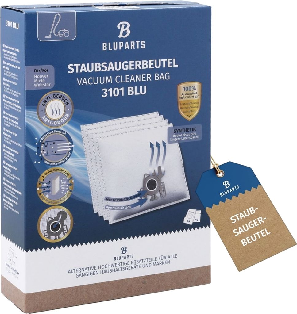 Filterbeutel passend für Miele TypG/N TypH BLUPARTS für Bodenstaubsauger 4Stk + Vorfilter