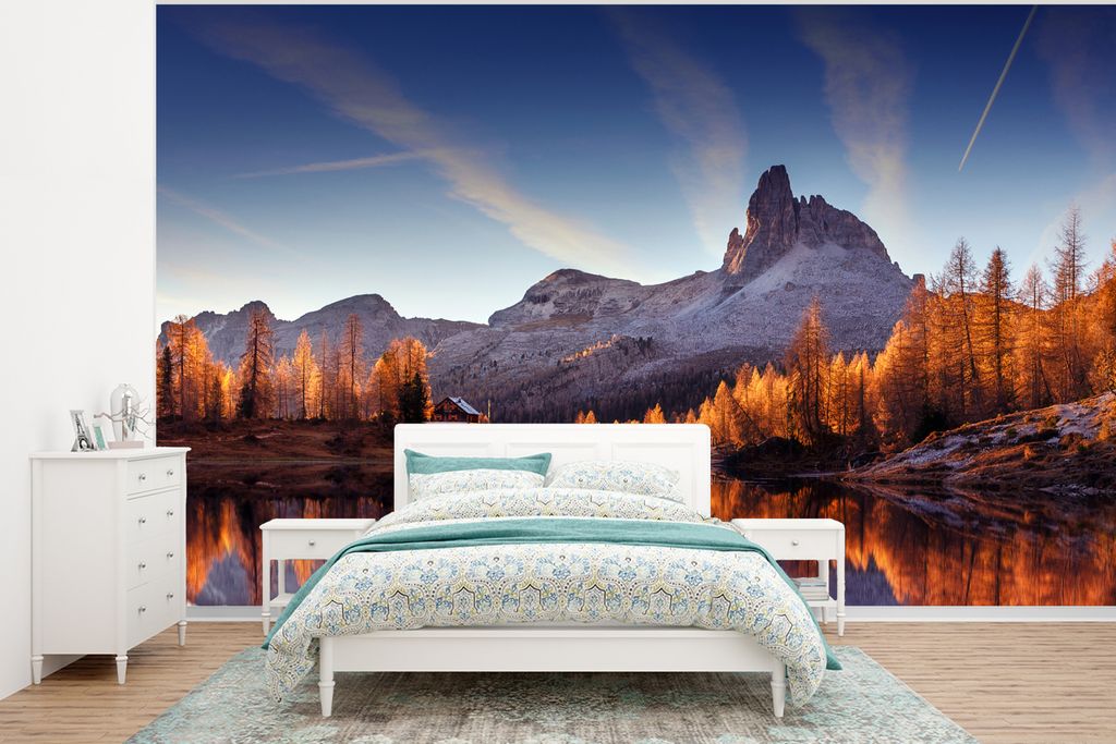 MuchoWow Fototapete für Wohnzimmer oder Schlafzimmer Wandtapete Vinyl Motivtapete Berge - Bäume - Herbst - See - Natur - 350x260 cm - Wohnzimme...
