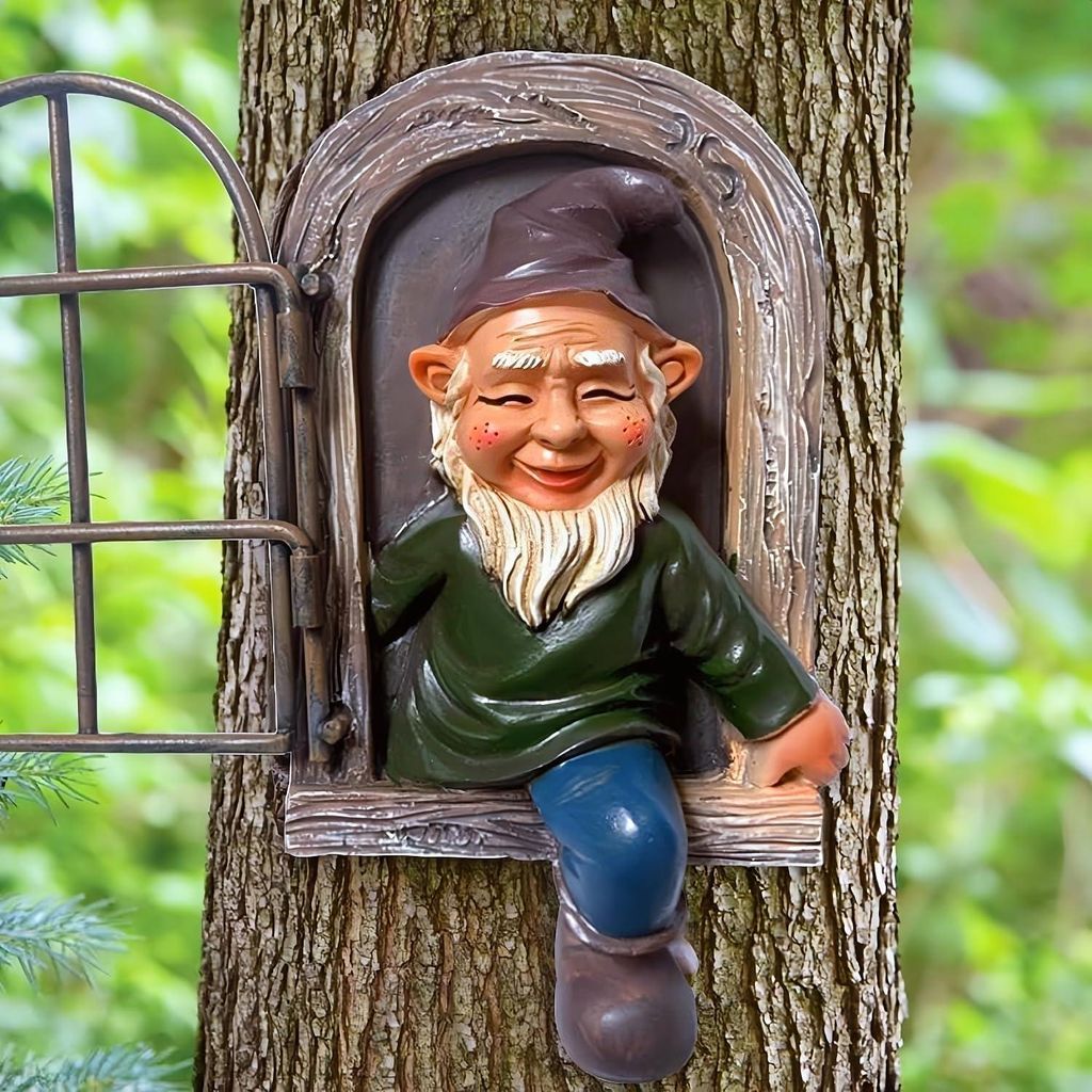 Elf Aus Dem Fenster Baumumarmender Lustiger Gartenzwerg Statue - 145 cm