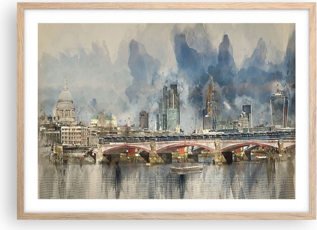 Gerahmtes Poster - Rahmen in heller Eiche - London Aquarell Panorama - 70x50 cm - Wand Bild - Wanddeko - Wandbilder - Kunstposter - Wandposter - Bi...