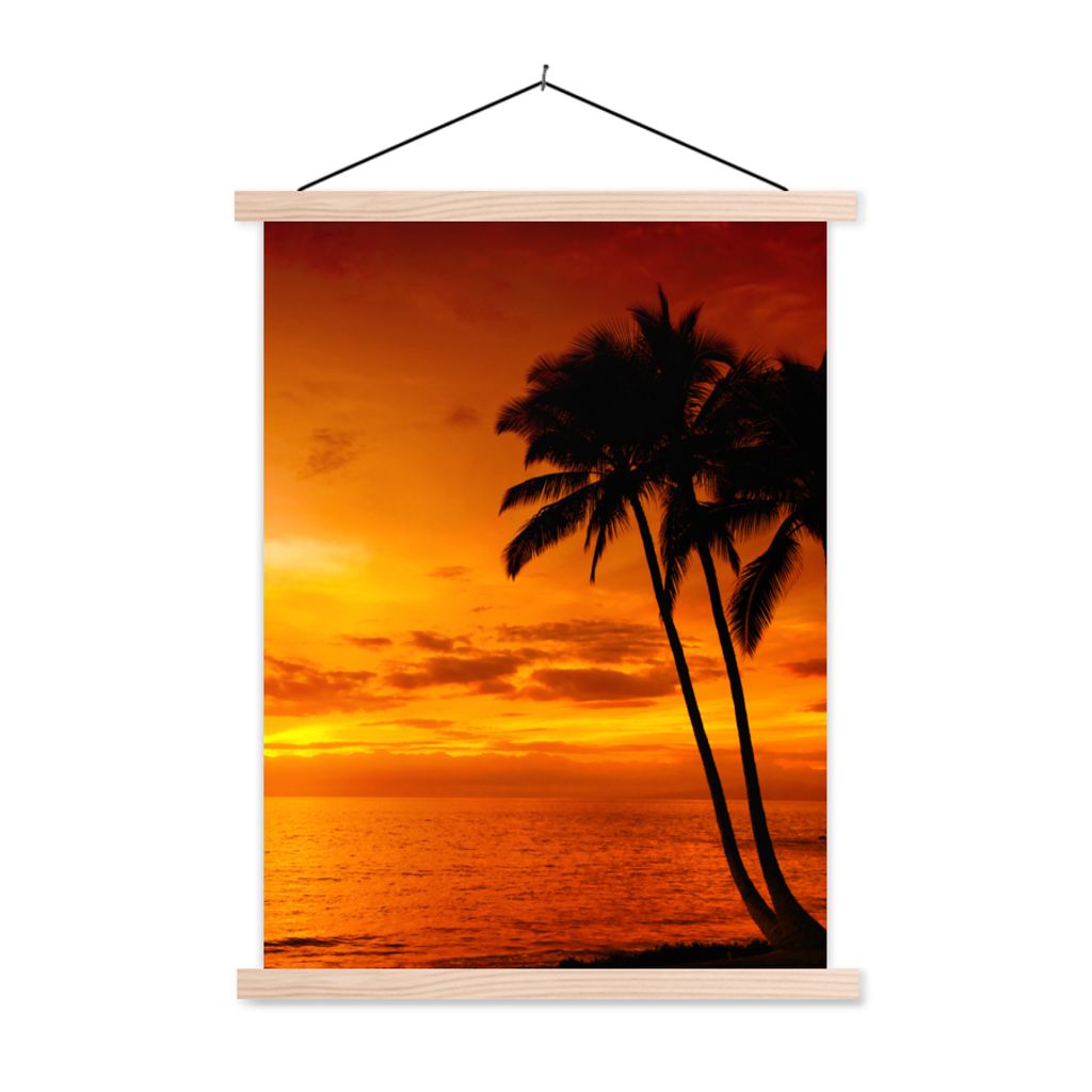 MuchoWow Textilposter Palme - Sonnenuntergang - Tropisch - Orange - Meer 60x80 cm mit holzfarbenen Rahmen - Wandbild