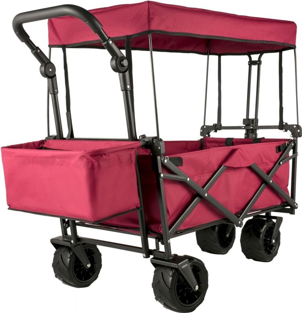 Handwagen Faltbar - Roter Bollerwagen mit Dach - Gartenwage 92,7 x 54,3 x 98,5 cm - Traglast 100 kg - Luftreifen 600D Oxford Polyester - Klappbarer...