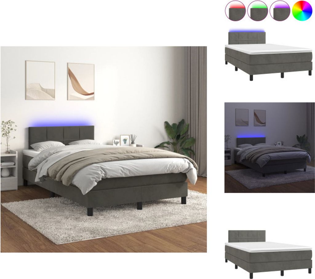 vidaXL Boxspringbett mit Matratze & LED Dunkelgrau 120x200 cm Samt - Betten & Bettgestelle