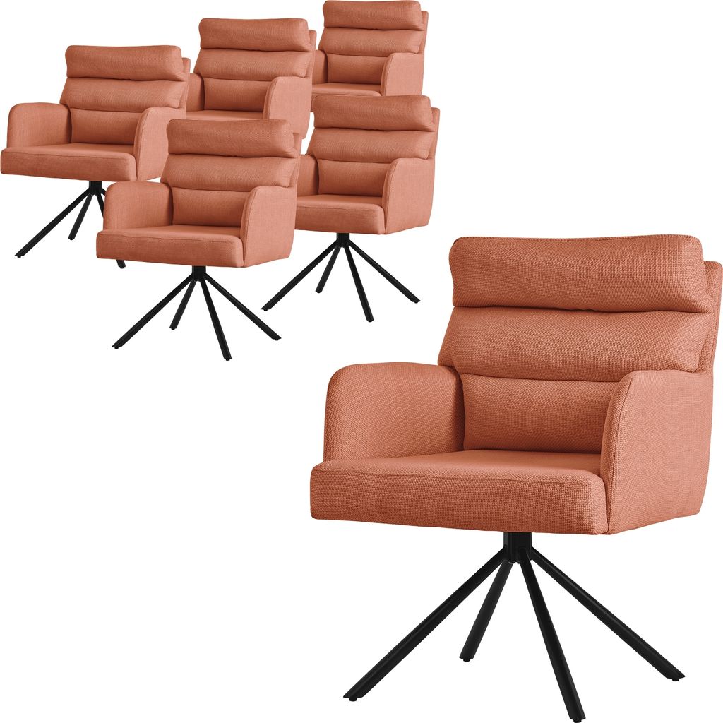 ML-Design Esszimmerstühle drehbar 6er Set Orange Wohnzimmerstühle mit Arm- und Rückenlehne Rückenkissen Metallbeine Drehstuhl Auto-Position Stuhl