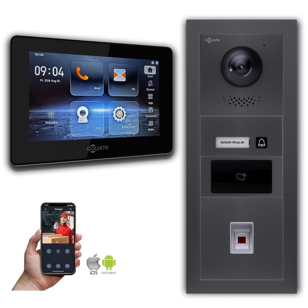 Goliath IP Video Türsprechanlage mit Kamera 7-Zoll Fingerprint RFID Anthrazit : Aufputzdose : 7 Zoll in Schwarz : 1 Monitor Monitor Anzahl: 1 Moni...