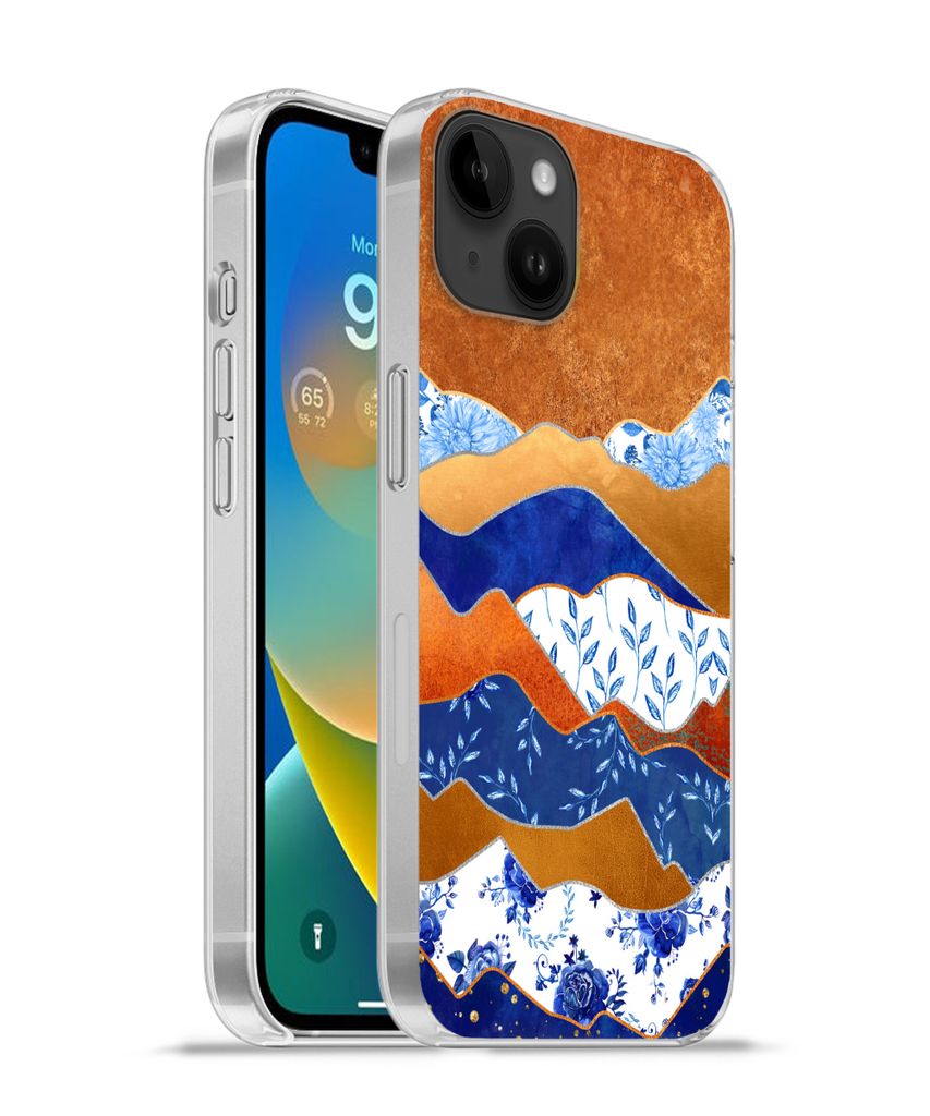 MuchoWow Handyhülle Schutzhülle Hülle für Apple iPhone 14 Plus - Soft case Delfter Blau - Gold - Blumen Silikon Softcase Handy Hülle - Abbil...