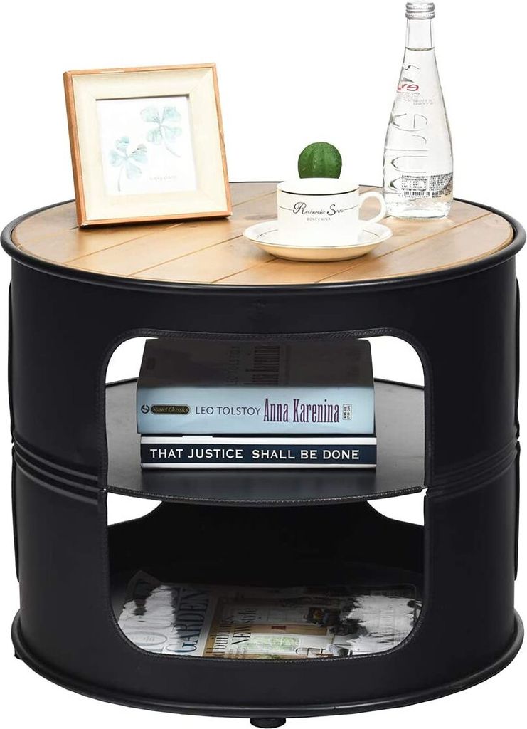 GOPLUS Couchtisch mit 3 Schichten, Teetisch mit Offenem Design, Kaffeetisch aus Eisen & Holz, Runder Wohnzimmertisch, mit Eisentrennplatte, für Wo...