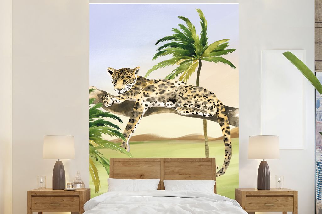 MuchoWow Fototapete für Wohnzimmer oder Schlafzimmer Wandtapete Vinyl Motivtapete Panther - Safari - Aquarell - 145x220 cm - Wanddekoration