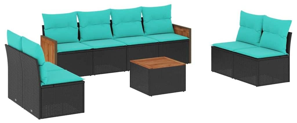 vidaXL 9-teiliges Gartensofa-Set mit Kissen, schwarzes Polyrattan