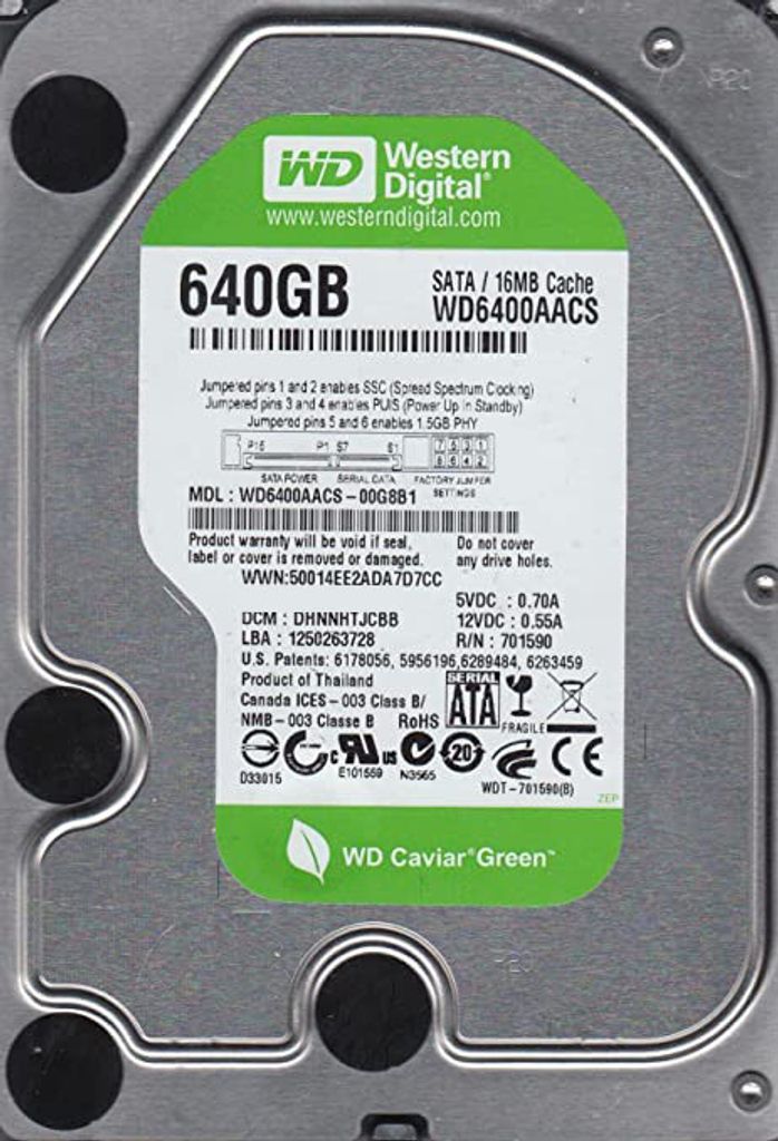 WD Caviar Green 640GB internal 3.5'' HDD SATA-300 7200RPM 16MB Cache WD6400AACS