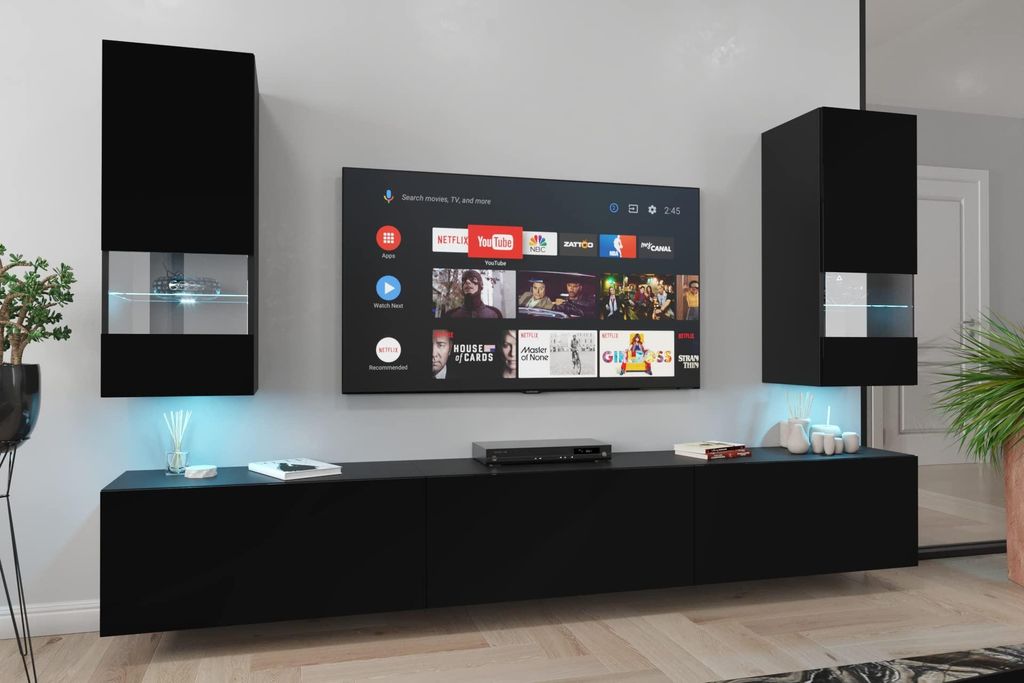 Furnitech Wohnwand Wohnzimmer - Wohnzimmer Möbel mit LED Blau - Hängend Wohnwand Modern - Regale und TV Schrank (Sezana AN21-18B-M1 1B MATT)