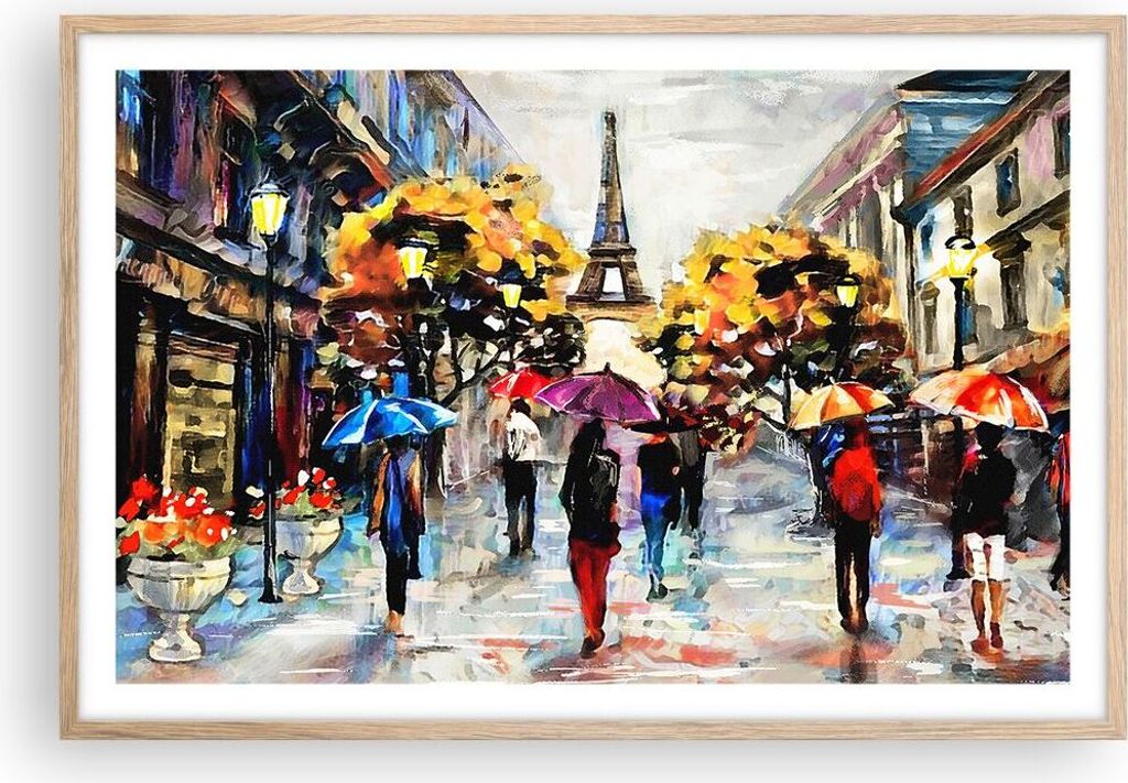 Gerahmtes Poster - Rahmen in heller Eiche - Paris Stadt Zuhause - 91,5x61 cm - Wand Bild - Wanddeko - Wandbilder - Wandposter - Bilderrahmen - Bild...