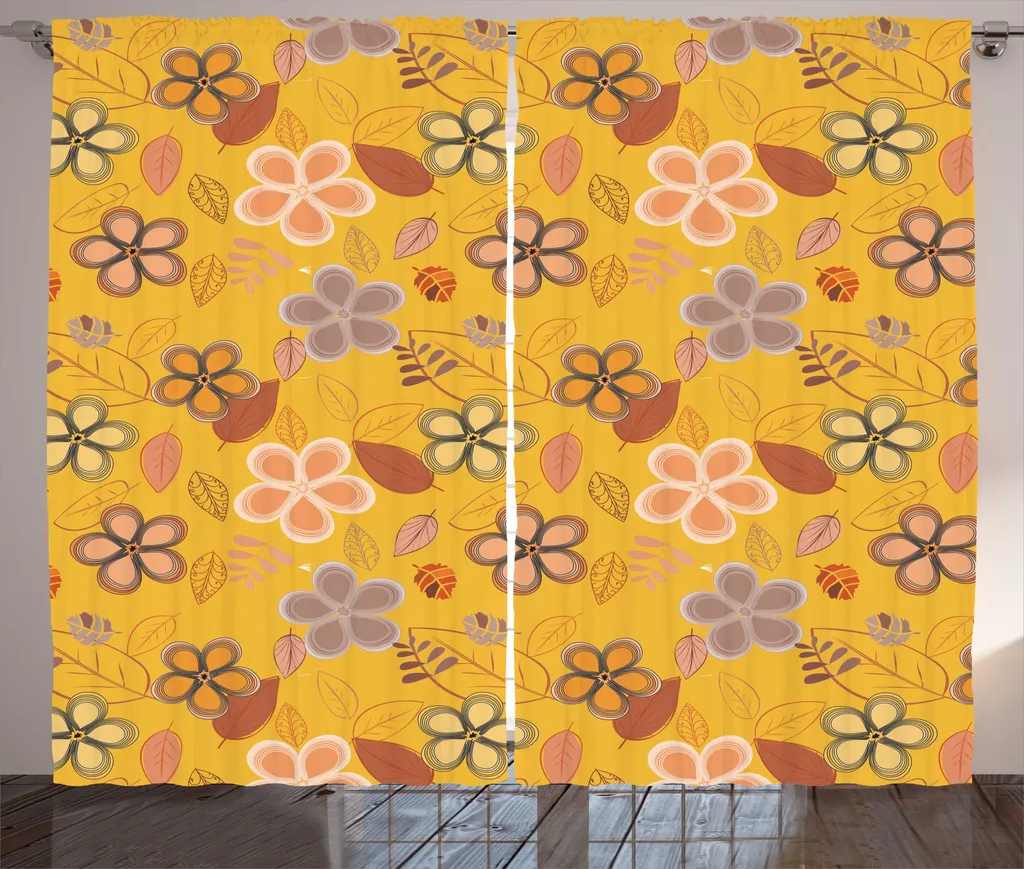 Rideau de chambre motif botanique 280x225cm coloris jaune et terre