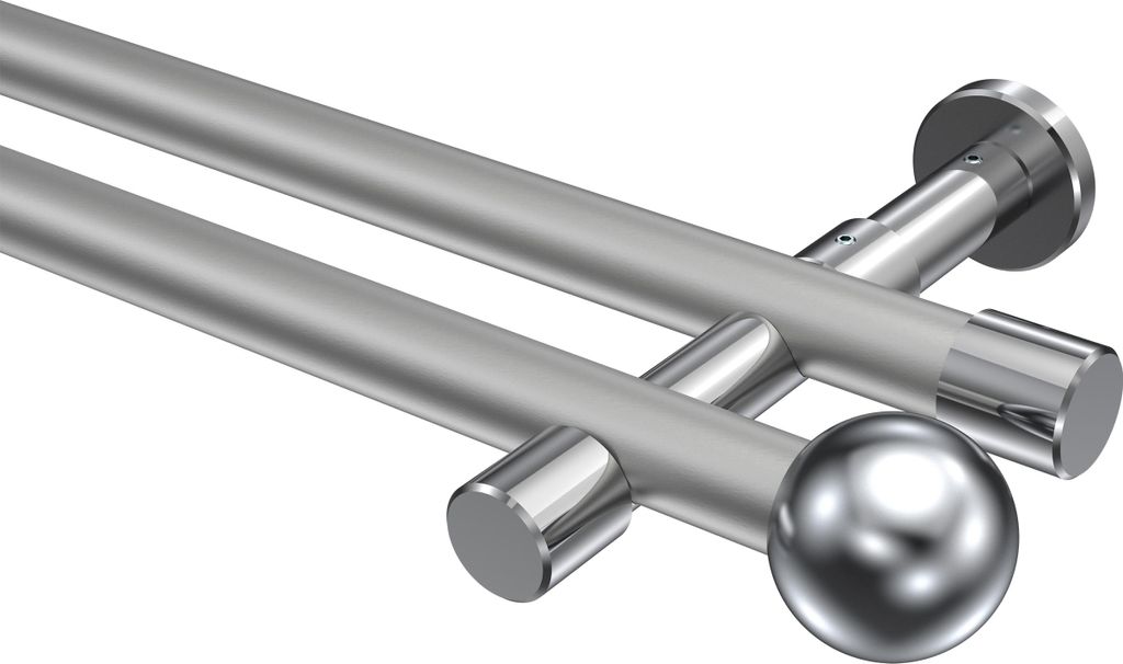 Interdeco Gardinenstange / Vorhangstange Silbergrau / Chrom, Typ Prestige Luino (Kugel) ohne Ringe, 20 mm Ø 2-läufig, 600 cm