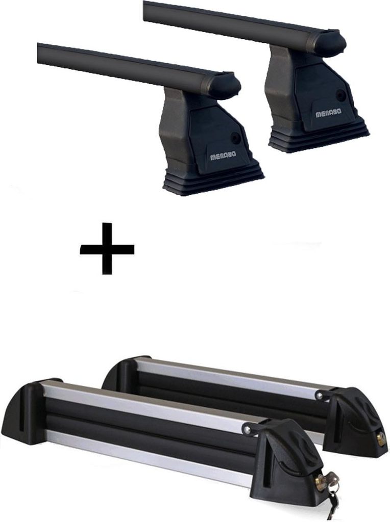 Dachträger Menabo Tema Stahl + Skiträger / Snowboardträger / Skihalter Alu 4 Paar Ski kompatibel mit Mahdindra Xuv 500 (SUV 5 Türer ab 2013