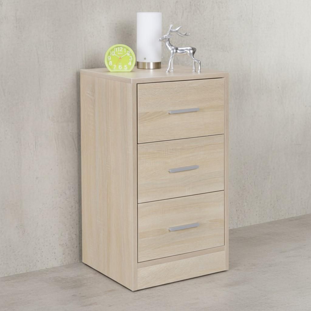 Nachtkonsole FOGGIA Holz Nachttisch modern mit 3 Schubladen sonoma, Design Nachtkästchen 37,5 x 68 x 35 cm, Extra hohes Nachtschränkchen