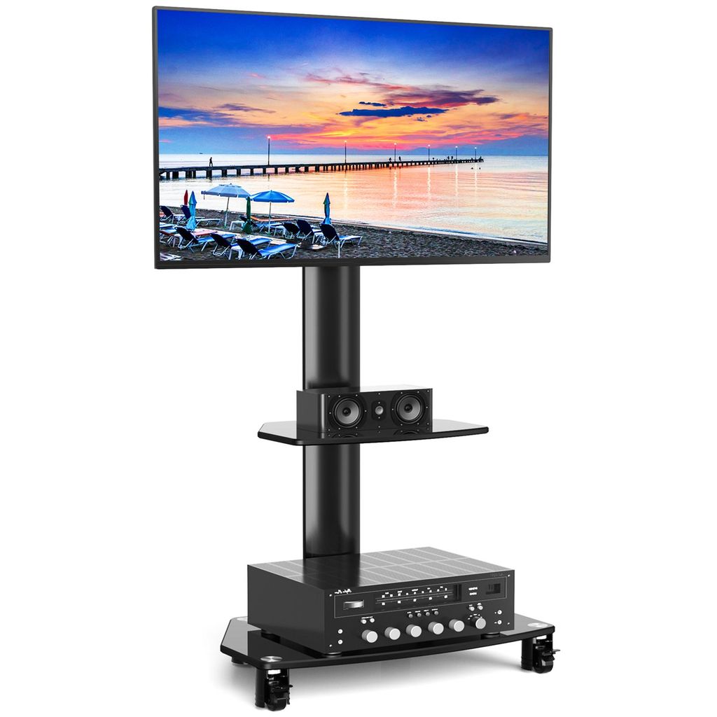 RFIVER Rollbar TV Rollwagen Fernsehständer für 27-70 Zoll Fernseher mit 2 Platten bis zu 50kg max VESA 400x400mm