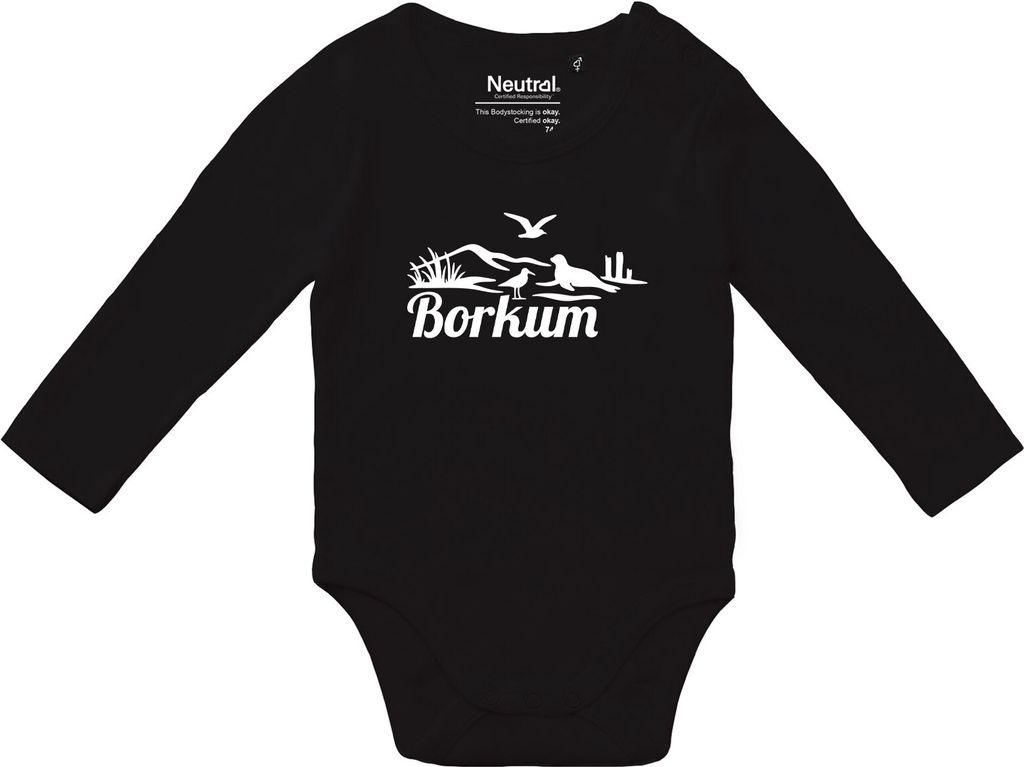 Huuraa Baby Body Borkum Strandmotiv 62 Black Baumwolle Fairtrade Langarmbody Geschenkidee
