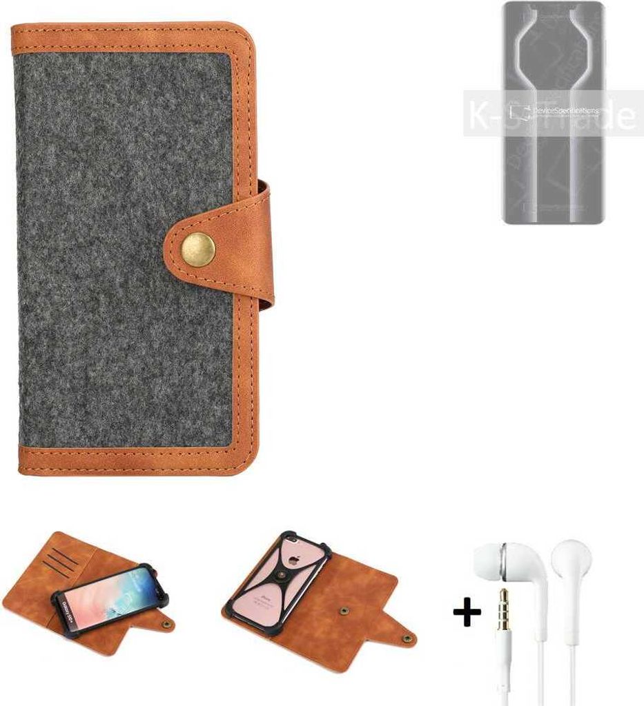 K-S-Trade Handyhülle + Kopfhörer kompatibel mit Huawei Mate 50 RS Schutzhülle Filzhülle Kunstleder dunkelgrau braun (1x)