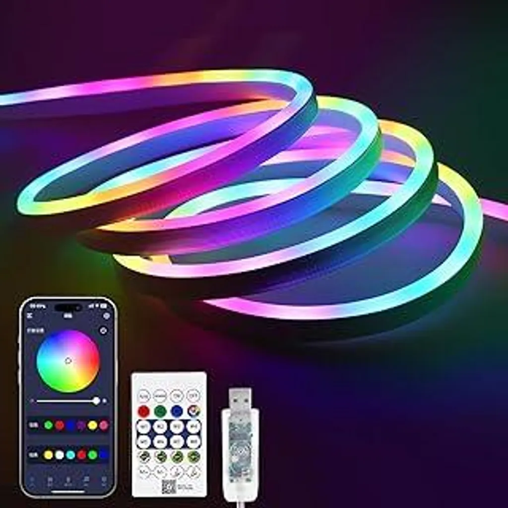 Striscia LED neon RGB IC da 5 m, striscia LED USB impermeabile con app, colori dinamici, sincronizzazione musicale, nastro LED in silicone indirizzabile per illuminazione d'ambiente per camera da letto, televisore, sala giochi - 1