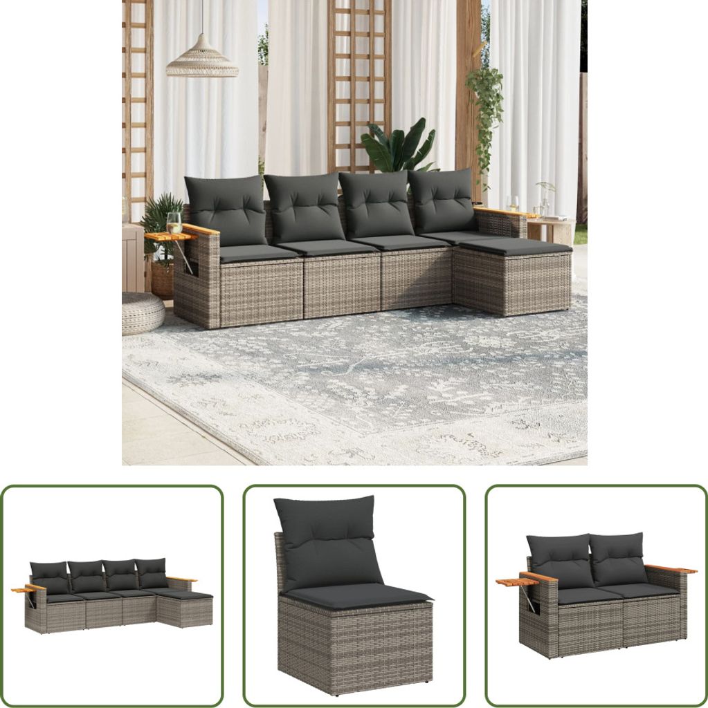 The Living Store 5-tlg. Garten-Sofagarnitur mit Kissen Grau Poly Rattan