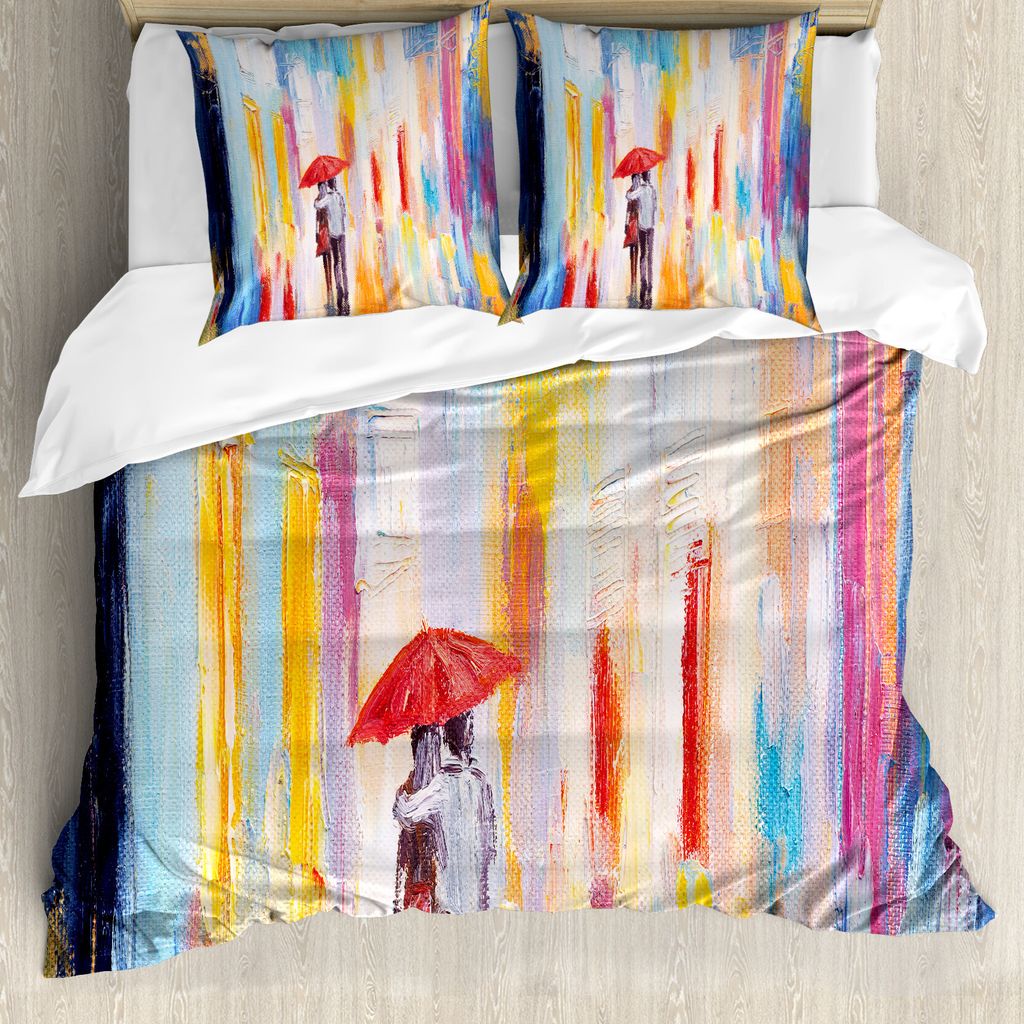 ABAKUHAUS Städtisch Bettbezug, Malerei Effekt Romantik, Milbensicher Allergiker geeignet mit Kissenbezügen, 200 cm x 200 cm - 80 x 80 cm, Mehrfarbig