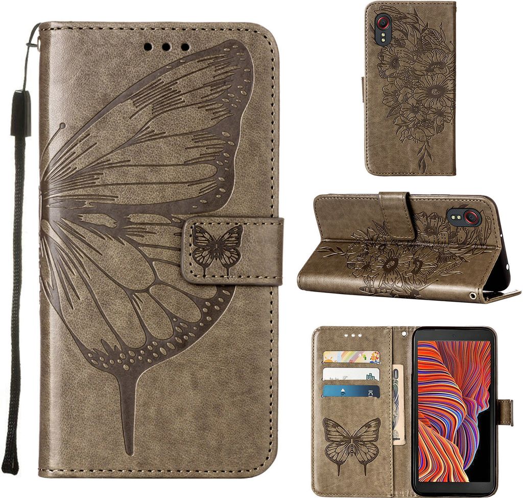 Galaxy X Cover 5 Hülle, Schmetterling Prägung Flip Leder Kartenfächer Schutzhülle Ledertasche mit Ständer für Samsung Galaxy X Cover 5 Grau