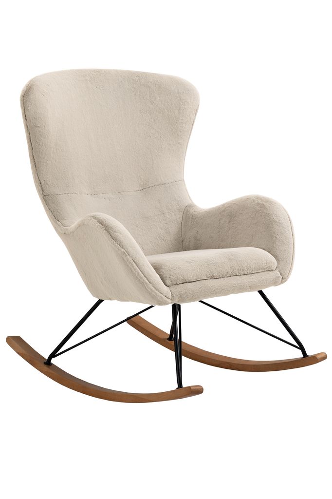 SalesFever Schaukelstuhl in Lammfelloptik | Bezug Kunstfell | Kufen Eichenholz | Gestell Metall | B 70 x T 94 x H 102 cm | beige – schwarz – natur