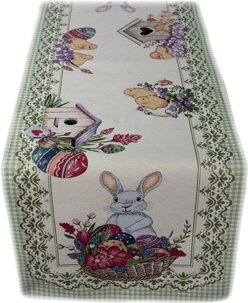 Tischdecke Tischläufer Stickerei Osterhase mit Körbchen Gobelin Ostern 45 x 140 cm