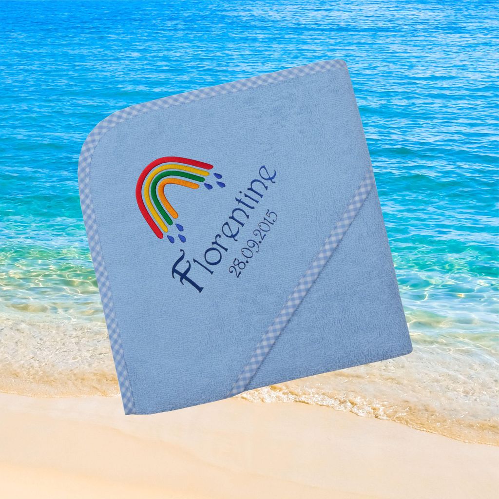 Kapuzenhandtuch für Babys/Jungen, hellblau, Größe ca. 80 x 80 cm, Motiv Regenbogen Tropfen, Frottee in Baumwolle, bestickt personalisierbar mit ...
