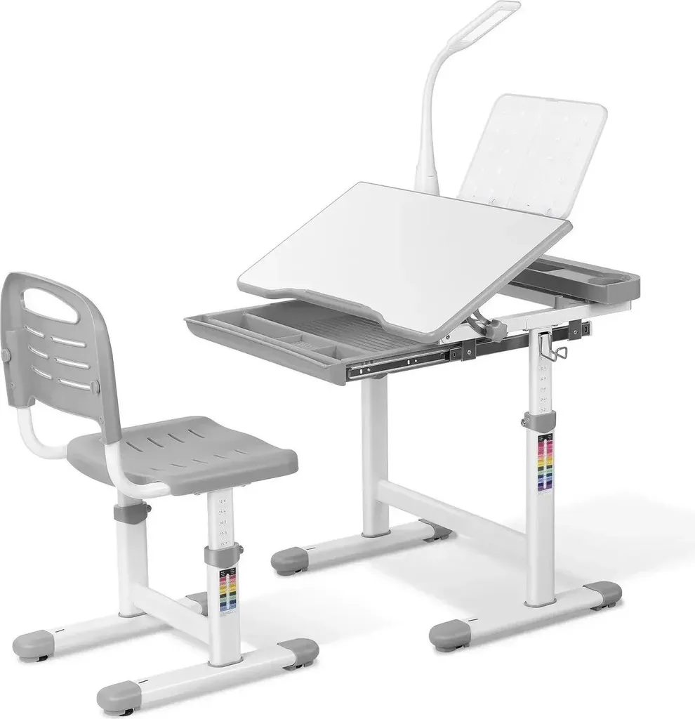 Ensemble bureau et chaise enfant évolutif gris avec tiroir et lampe LED