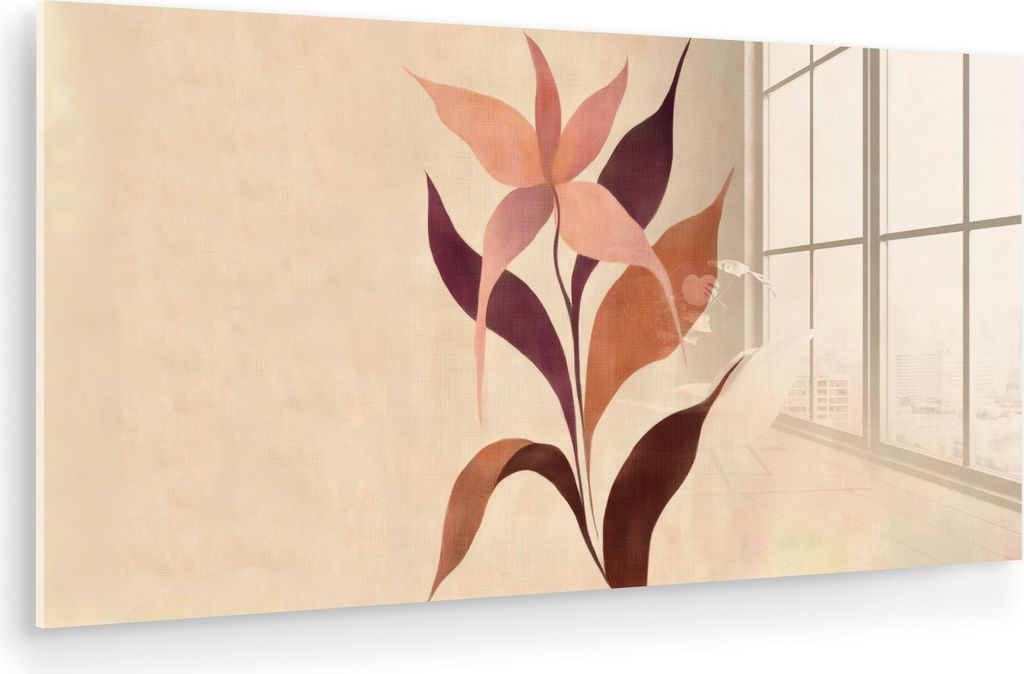 MuchoWow Glasbilder - Bilder auf Wandbild - Foto auf Glas Minimalistisch - Blume - Blätter - Beige 80x40 cm Wanddekoration aus Glas - Acrylglasbil...