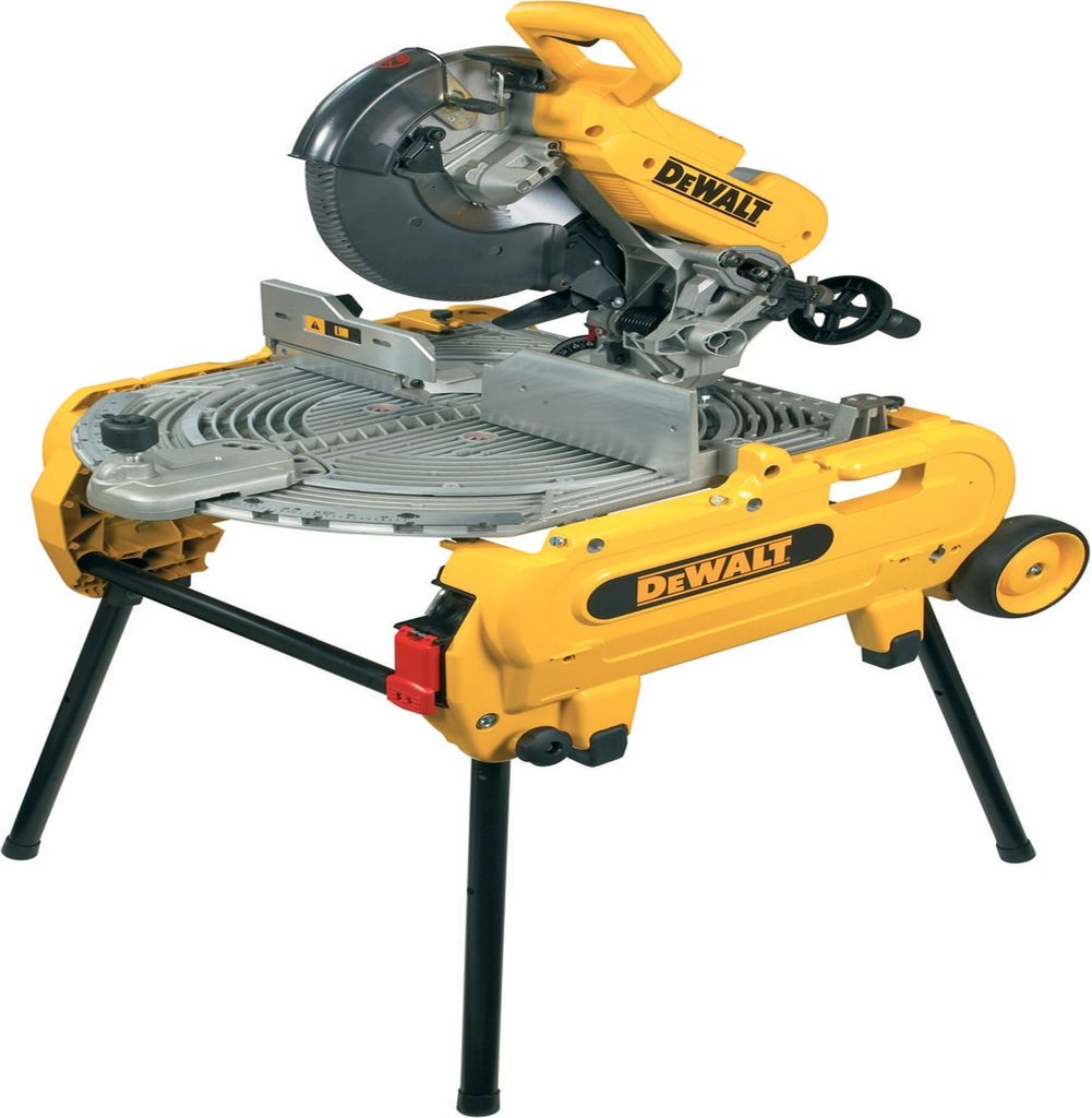 A DeWALT miter saw on its stand, shown from a front-diagonal angle against a white background.