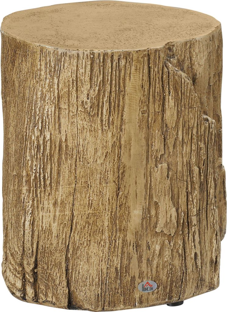 A close-up, studio shot of a faux tree stump side table.