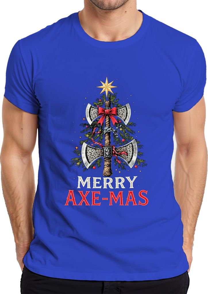 Merry Axe-mas Wikinger Axt Weihnachtsbaum Schleife Geschenk Herren T-Shirt, Blau, M