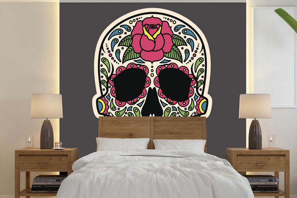 MuchoWow Fototapete für Wohnzimmer oder Schlafzimmer Wandtapete Vinyl Motivtapete Eine bunte Illustration eines Dias De Los Muertos-Schädels - ...
