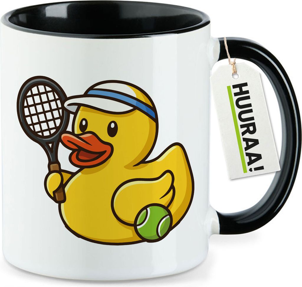 Huuraa Kaffeetasse Quietscheente Tennis-Spieler Gummiente Tennissportler 330ml Schwarz Keramik Kaffeebecher Geschenkidee
